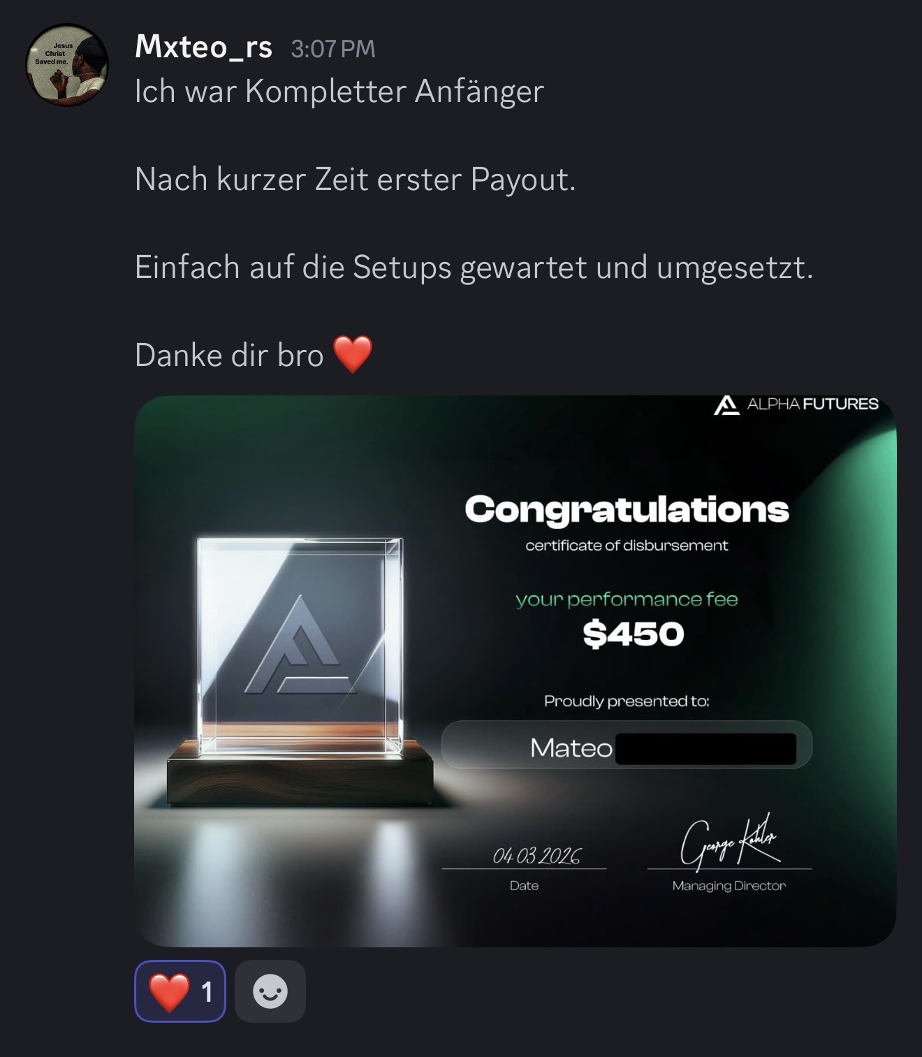 Nachricht mit Lucid payout Zertifikat
